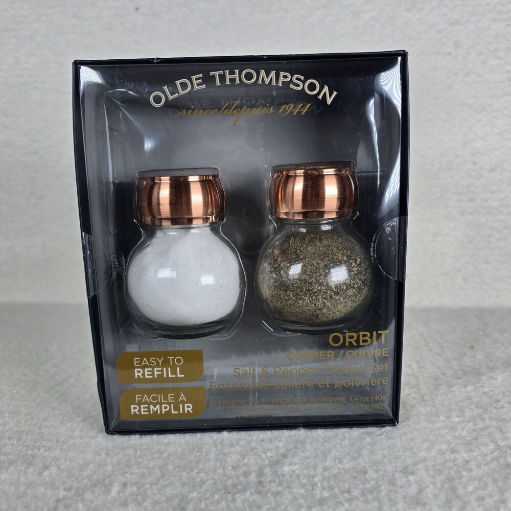 NEW Olde Thompson ORBIT Salt & Pepper Shaker Glass Globes Copper Plated Caps